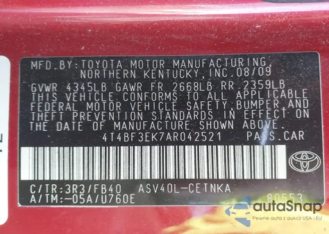 2010 Toyota Camry Le из США, поврежденный, VIN 4T4BF3EK7AR042521